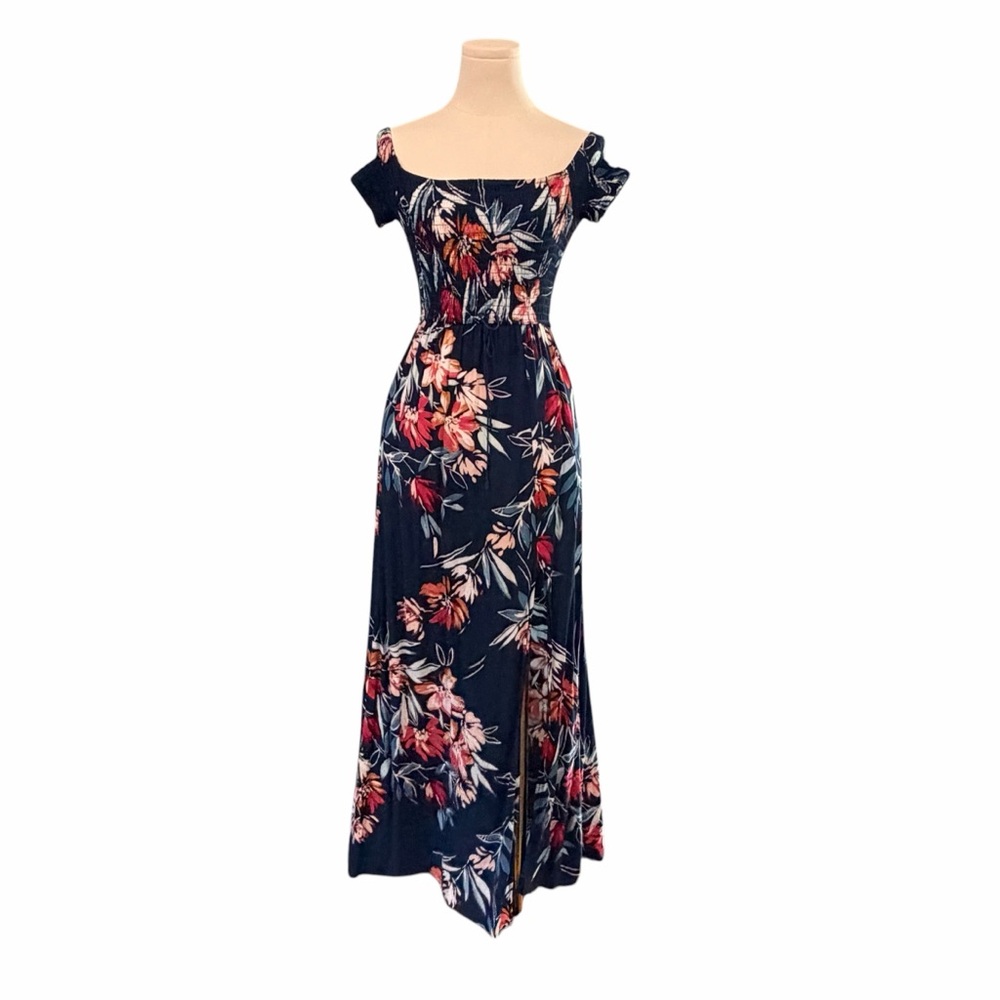 Band of Gypsies Boho Floral Off The Shoulder Smocked Maxi Dress Navy XS Summer - Picture 2 of 14